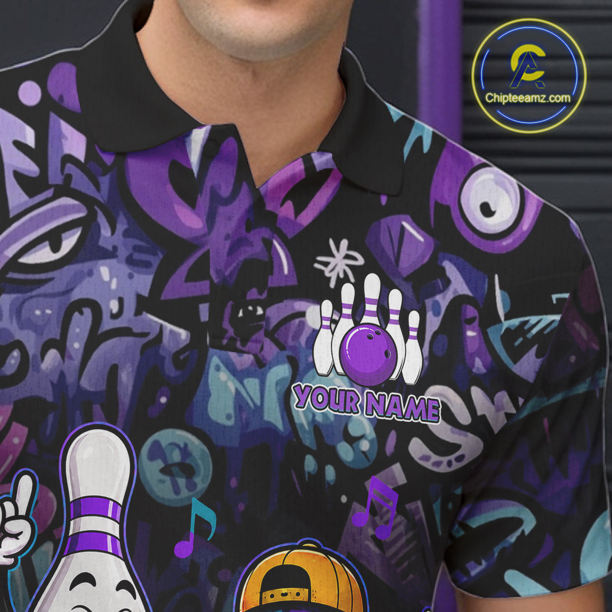 Custom Purple Graffiti Funny Bowling Polo Quarter Zip Shirts For Men Team Drunk Beer Bowling Jersey NYN4355