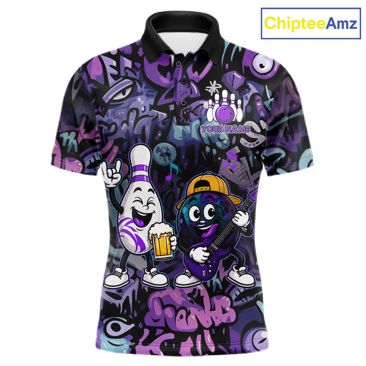Custom Purple Graffiti Funny Bowling Polo Quarter Zip Shirts For Men Team Drunk Beer Bowling Jersey NYN4355