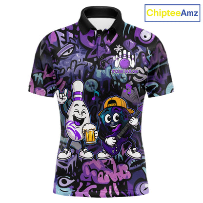 Custom Purple Graffiti Funny Bowling Polo Quarter Zip Shirts For Men Team Drunk Beer Bowling Jersey NYN4355