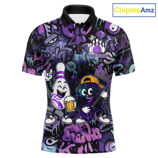 Custom Purple Graffiti Funny Bowling Polo Quarter Zip Shirts For Men Team Drunk Beer Bowling Jersey NYN4355