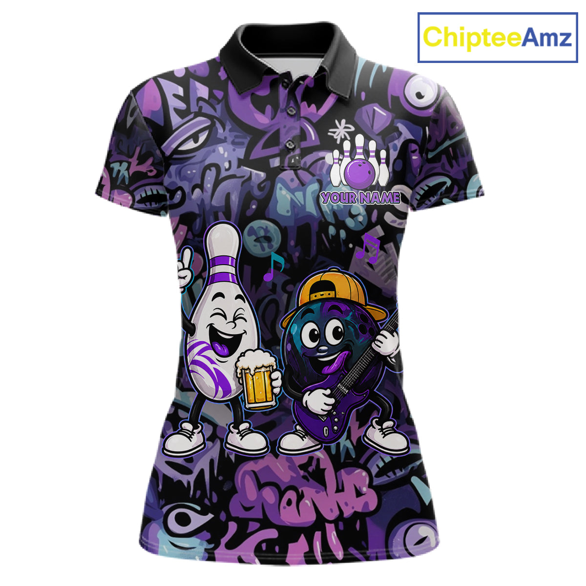 Custom Purple Graffiti Funny Bowling Polo Quarter Zip Shirts For Women Team Drunk Beer Bowling Jersey NYN4355