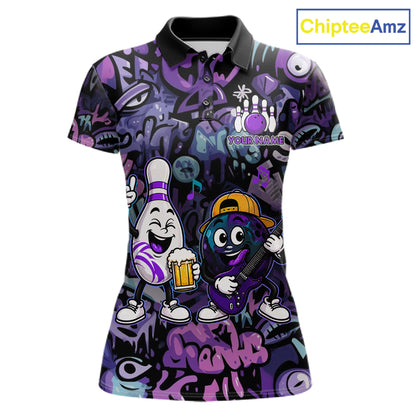 Custom Purple Graffiti Funny Bowling Polo Quarter Zip Shirts For Women Team Drunk Beer Bowling Jersey NYN4355