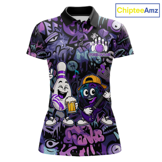 Custom Purple Graffiti Funny Bowling Polo Quarter Zip Shirts For Women Team Drunk Beer Bowling Jersey NYN4355