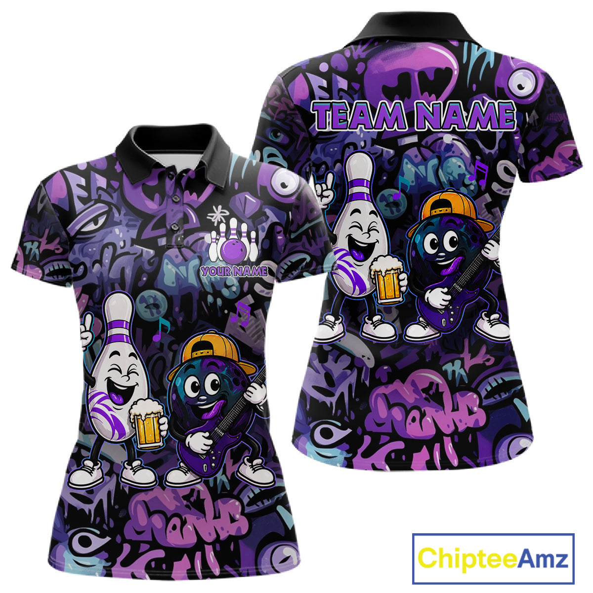 Custom Purple Graffiti Funny Bowling Polo Quarter Zip Shirts For Women Team Drunk Beer Bowling Jersey NYN4355
