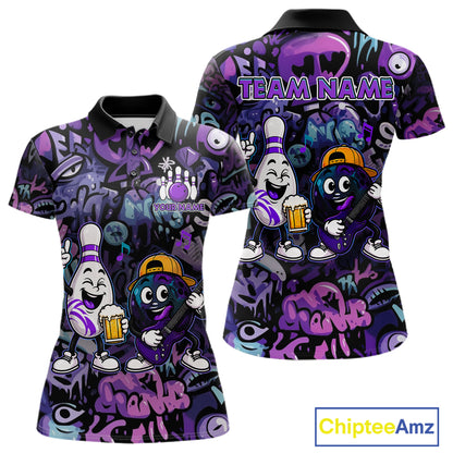 Custom Purple Graffiti Funny Bowling Polo Quarter Zip Shirts For Women Team Drunk Beer Bowling Jersey NYN4355
