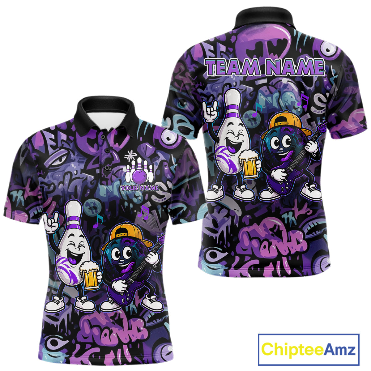 Custom Purple Graffiti Funny Bowling Polo Quarter Zip Shirts For Men Team Drunk Beer Bowling Jersey NYN4355