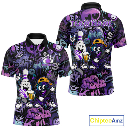 Custom Purple Graffiti Funny Bowling Polo Quarter Zip Shirts For Men Team Drunk Beer Bowling Jersey NYN4355