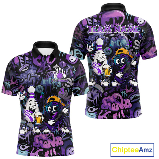 Custom Purple Graffiti Funny Bowling Polo Quarter Zip Shirts For Men Team Drunk Beer Bowling Jersey NYN4355