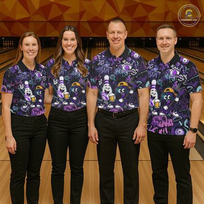 Custom Purple Graffiti Funny Bowling Polo Quarter Zip Shirts For Men Team Drunk Beer Bowling Jersey NYN4355
