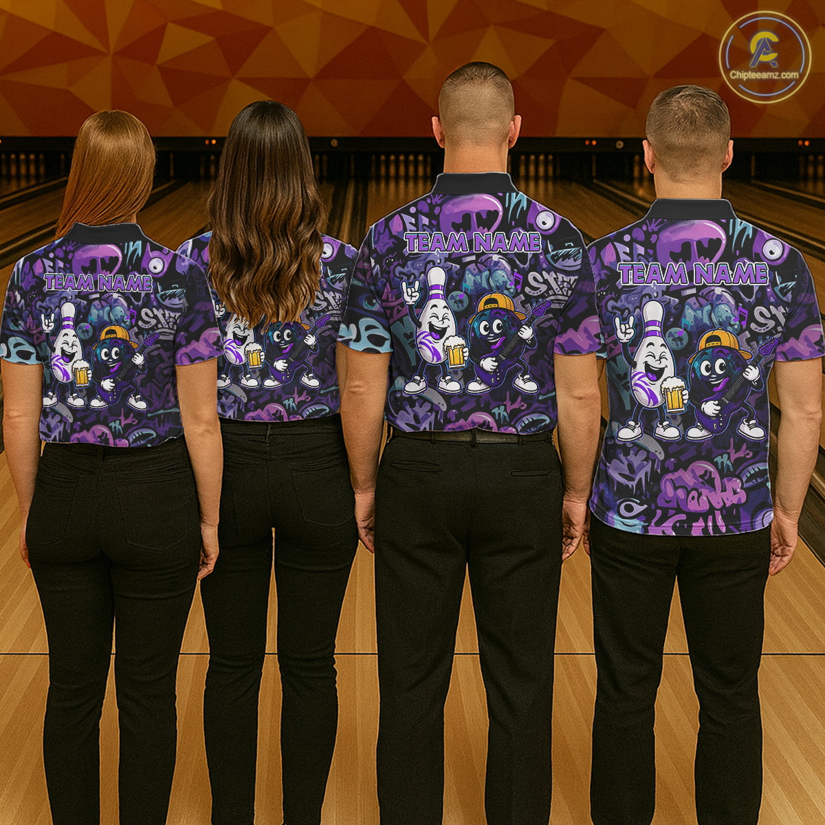 Custom Purple Graffiti Funny Bowling Polo Quarter Zip Shirts For Men Team Drunk Beer Bowling Jersey NYN4355