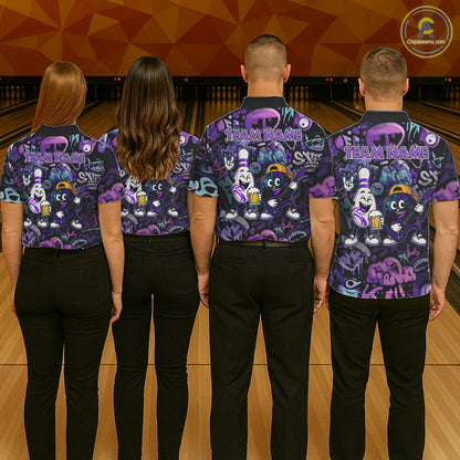 Custom Purple Graffiti Funny Bowling Polo Quarter Zip Shirts For Men Team Drunk Beer Bowling Jersey NYN4355