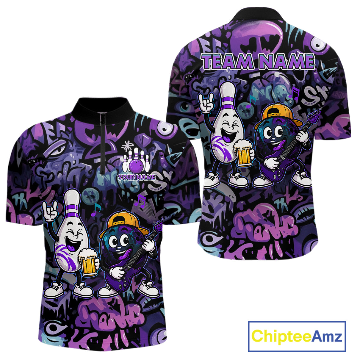 Custom Purple Graffiti Funny Bowling Polo Quarter Zip Shirts For Men Team Drunk Beer Bowling Jersey NYN4355