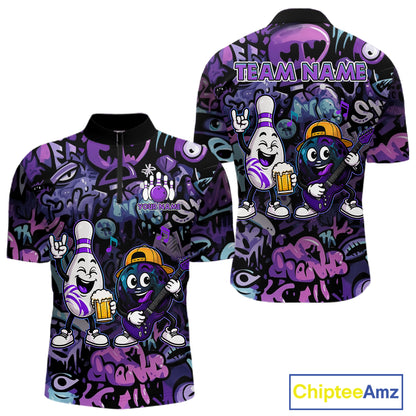 Custom Purple Graffiti Funny Bowling Polo Quarter Zip Shirts For Men Team Drunk Beer Bowling Jersey NYN4355