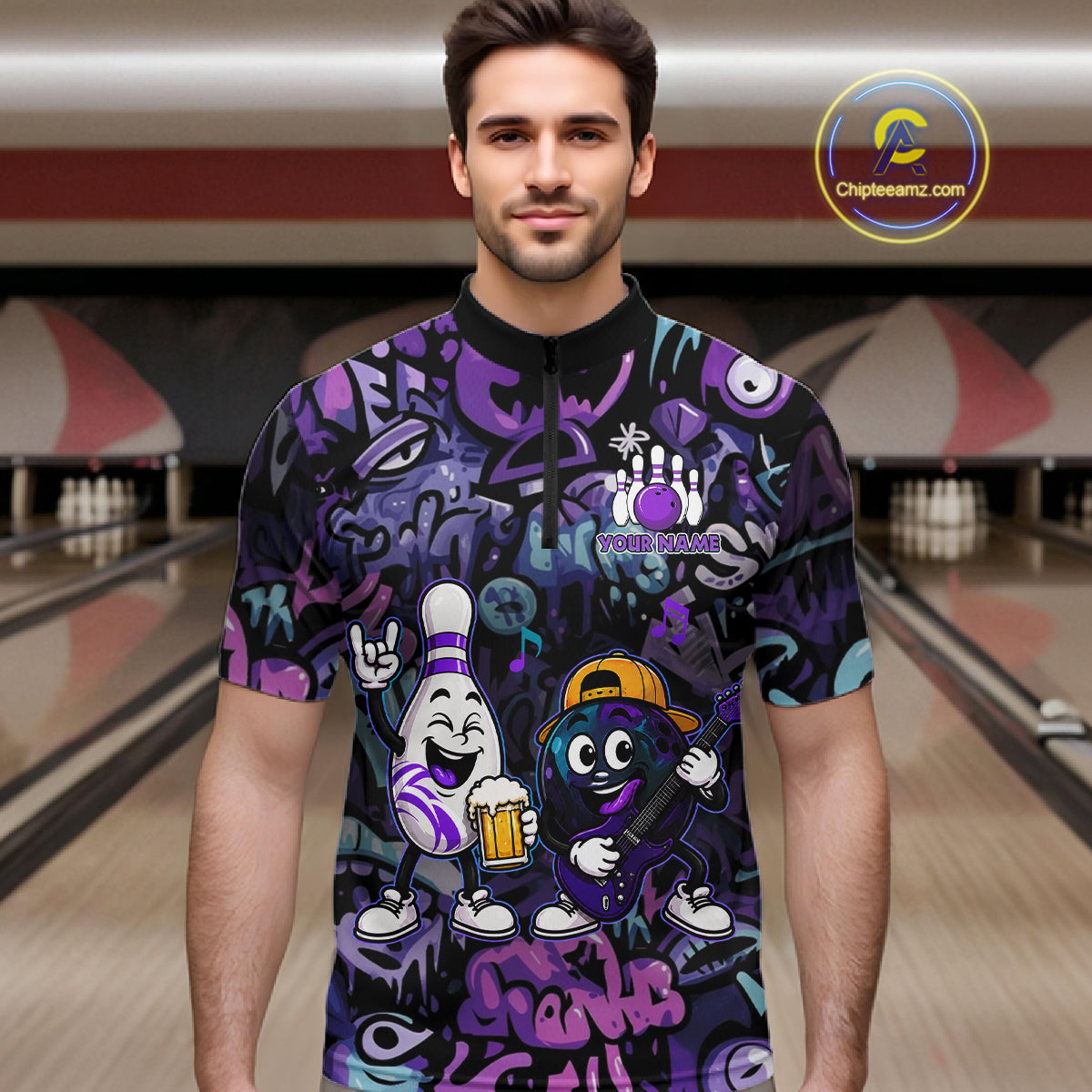 Custom Purple Graffiti Funny Bowling Polo Quarter Zip Shirts For Men Team Drunk Beer Bowling Jersey NYN4355