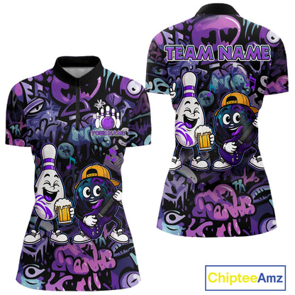 Custom Purple Graffiti Funny Bowling Polo Quarter Zip Shirts For Women Team Drunk Beer Bowling Jersey NYN4355
