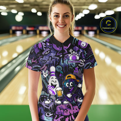 Custom Purple Graffiti Funny Bowling Polo Quarter Zip Shirts For Women Team Drunk Beer Bowling Jersey NYN4355