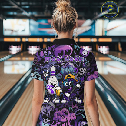 Custom Purple Graffiti Funny Bowling Polo Quarter Zip Shirts For Women Team Drunk Beer Bowling Jersey NYN4355