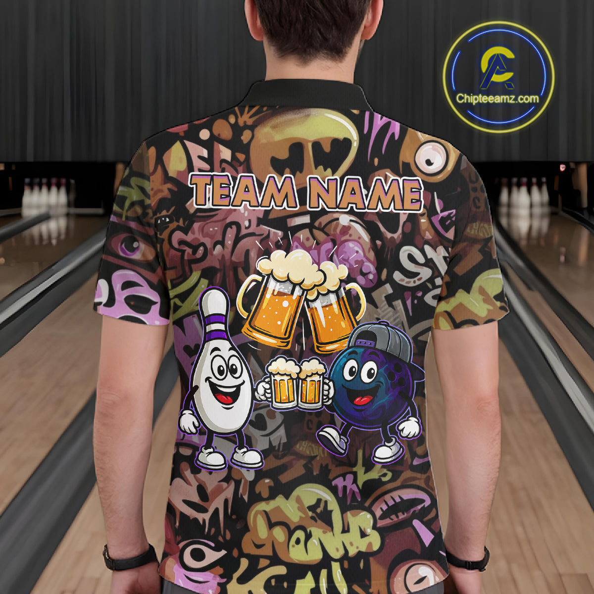 Yellow & Purple Graffiti Custom Funny Bowling Polo 1/4-Zip Shirts For Men Cheer Beer Bowling Team Jersey NYN4356