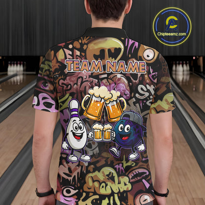 Yellow & Purple Graffiti Custom Funny Bowling Polo 1/4-Zip Shirts For Men Cheer Beer Bowling Team Jersey NYN4356