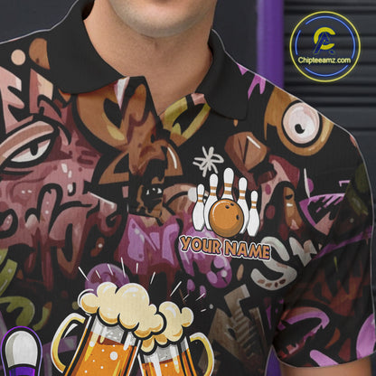 Yellow & Purple Graffiti Custom Funny Bowling Polo 1/4-Zip Shirts For Men Cheer Beer Bowling Team Jersey NYN4356