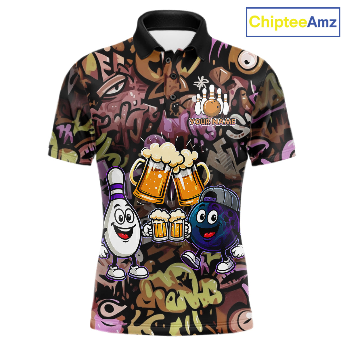 Yellow & Purple Graffiti Custom Funny Bowling Polo 1/4-Zip Shirts For Men Cheer Beer Bowling Team Jersey NYN4356