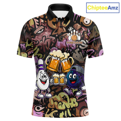 Yellow & Purple Graffiti Custom Funny Bowling Polo 1/4-Zip Shirts For Men Cheer Beer Bowling Team Jersey NYN4356