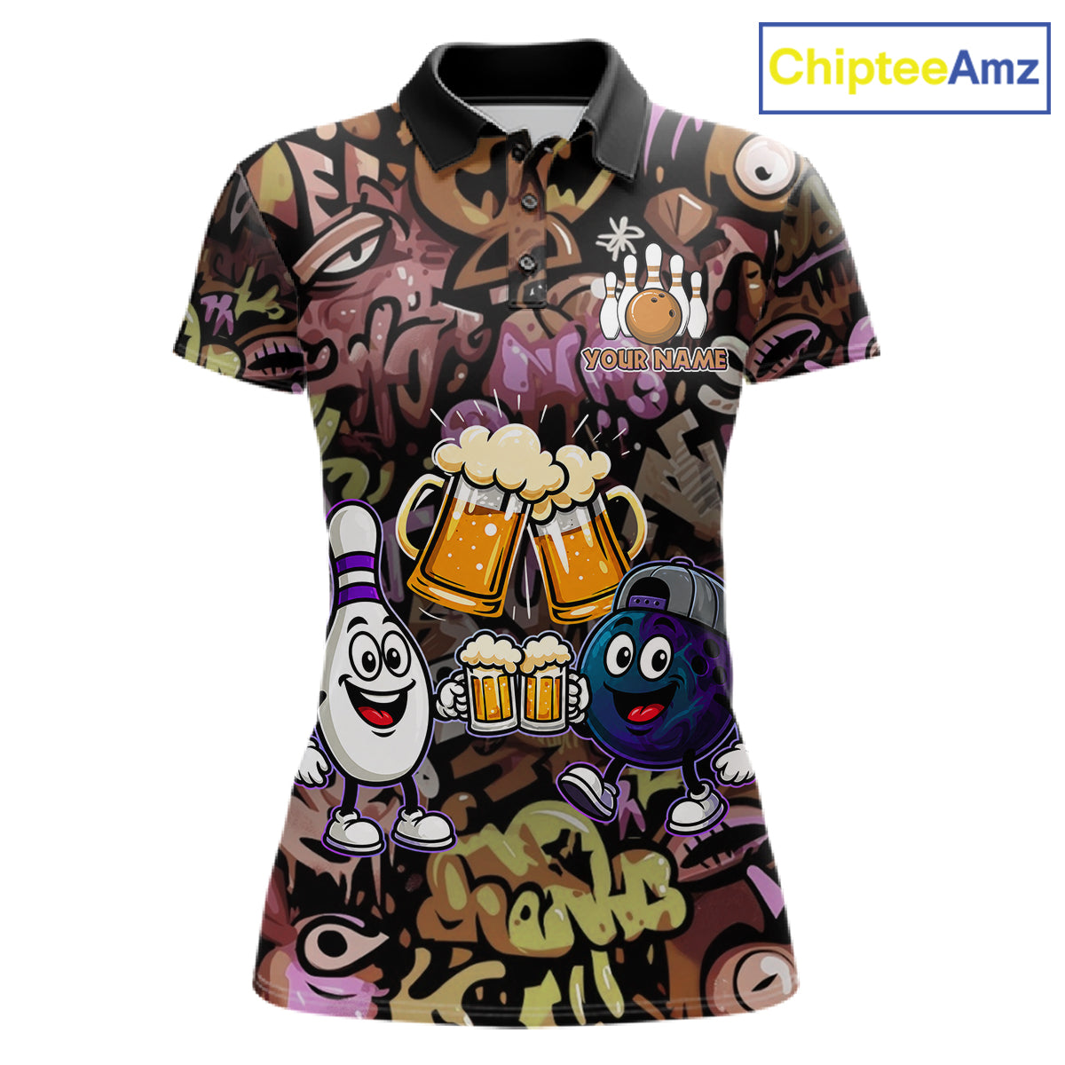 Yellow & Purple Graffiti Custom Funny Bowling Polo 1/4-Zip Shirts For Women Cheer Beer Bowling Team Jersey NYN4356