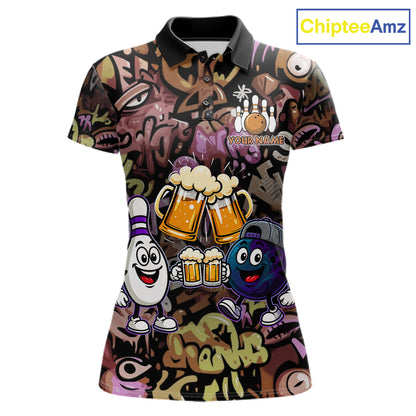 Yellow & Purple Graffiti Custom Funny Bowling Polo 1/4-Zip Shirts For Women Cheer Beer Bowling Team Jersey NYN4356
