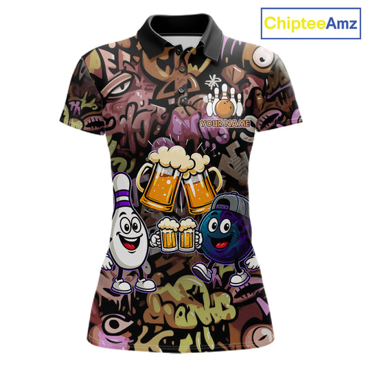 Yellow & Purple Graffiti Custom Funny Bowling Polo 1/4-Zip Shirts For Women Cheer Beer Bowling Team Jersey NYN4356