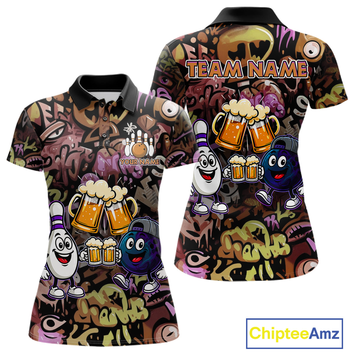 Yellow & Purple Graffiti Custom Funny Bowling Polo 1/4-Zip Shirts For Women Cheer Beer Bowling Team Jersey NYN4356