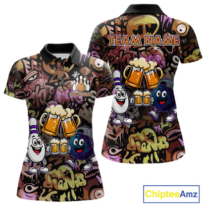 Yellow & Purple Graffiti Custom Funny Bowling Polo 1/4-Zip Shirts For Women Cheer Beer Bowling Team Jersey NYN4356