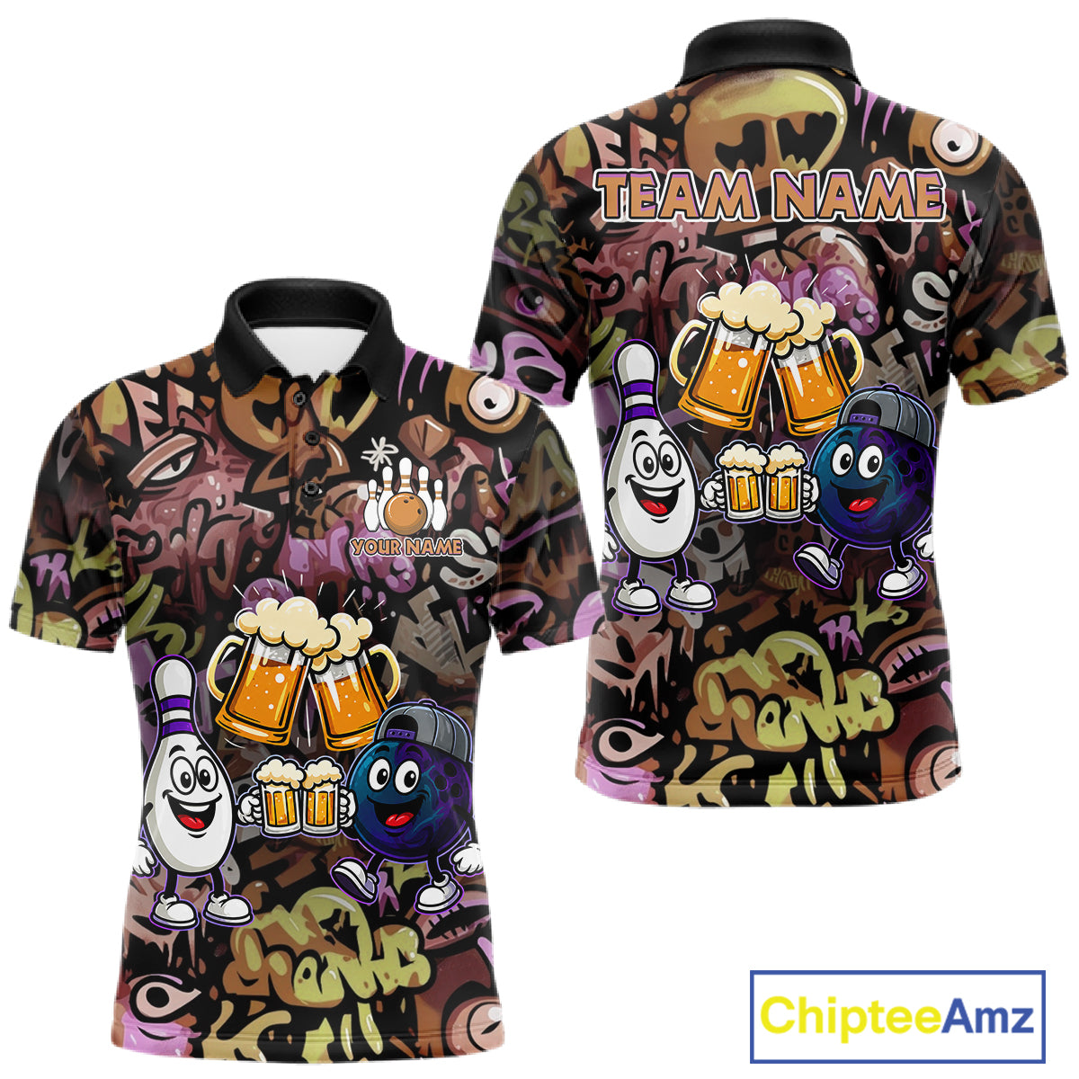 Yellow & Purple Graffiti Custom Funny Bowling Polo 1/4-Zip Shirts For Men Cheer Beer Bowling Team Jersey NYN4356