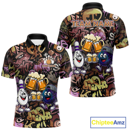 Yellow & Purple Graffiti Custom Funny Bowling Polo 1/4-Zip Shirts For Men Cheer Beer Bowling Team Jersey NYN4356