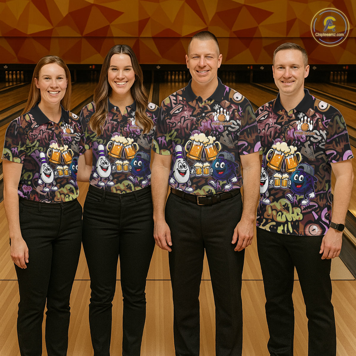 Yellow & Purple Graffiti Custom Funny Bowling Polo 1/4-Zip Shirts For Men Cheer Beer Bowling Team Jersey NYN4356