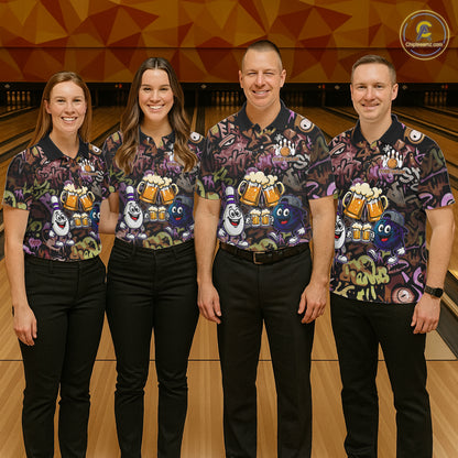 Yellow & Purple Graffiti Custom Funny Bowling Polo 1/4-Zip Shirts For Men Cheer Beer Bowling Team Jersey NYN4356