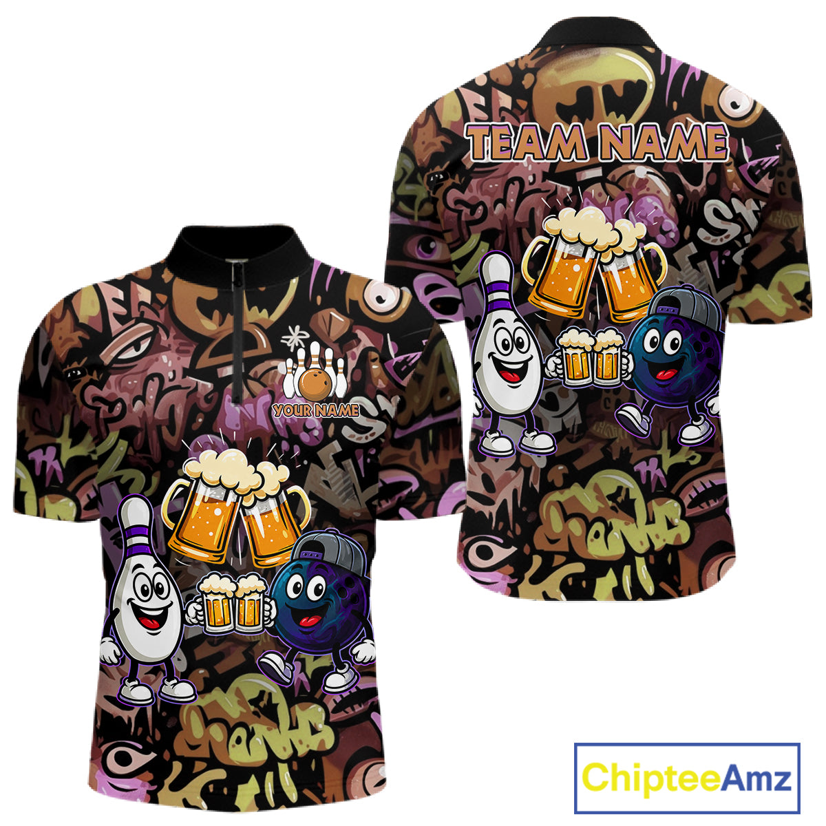 Yellow & Purple Graffiti Custom Funny Bowling Polo 1/4-Zip Shirts For Men Cheer Beer Bowling Team Jersey NYN4356