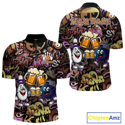 Yellow & Purple Graffiti Custom Funny Bowling Polo 1/4-Zip Shirts For Men Cheer Beer Bowling Team Jersey NYN4356