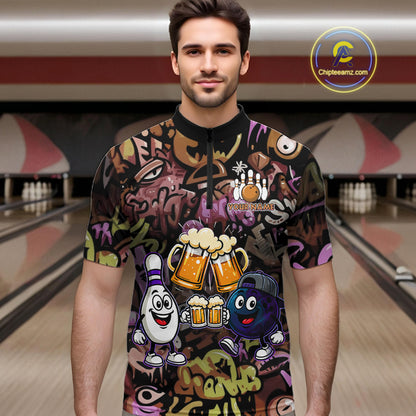 Yellow & Purple Graffiti Custom Funny Bowling Polo 1/4-Zip Shirts For Men Cheer Beer Bowling Team Jersey NYN4356
