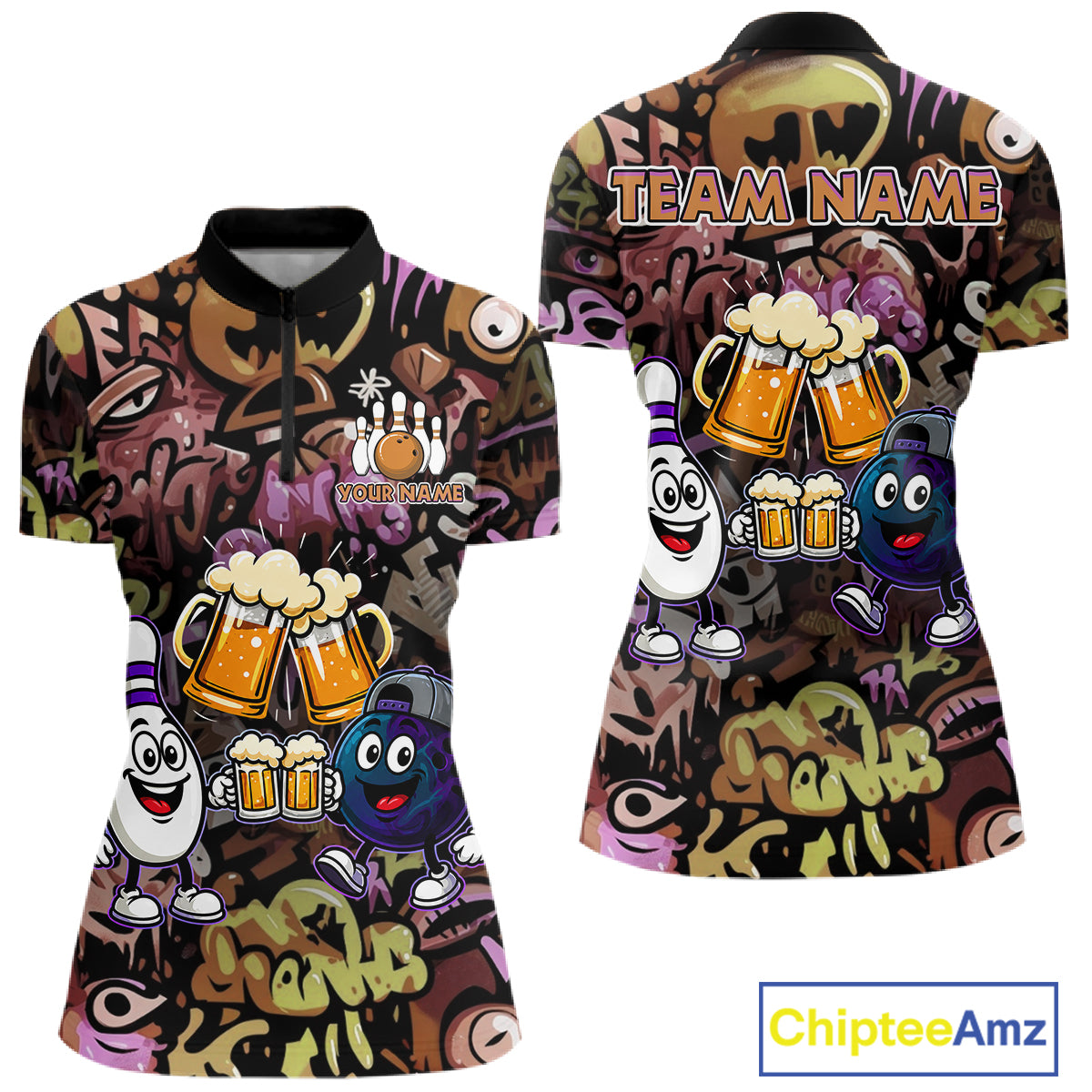 Yellow & Purple Graffiti Custom Funny Bowling Polo 1/4-Zip Shirts For Women Cheer Beer Bowling Team Jersey NYN4356