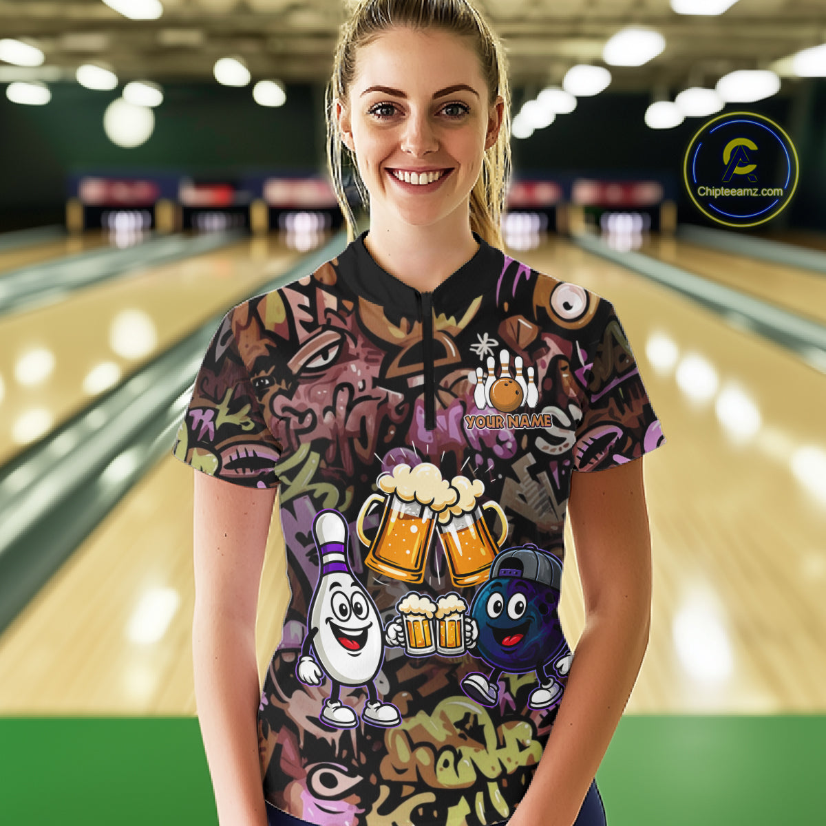 Yellow & Purple Graffiti Custom Funny Bowling Polo 1/4-Zip Shirts For Women Cheer Beer Bowling Team Jersey NYN4356