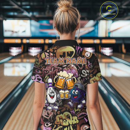 Yellow & Purple Graffiti Custom Funny Bowling Polo 1/4-Zip Shirts For Women Cheer Beer Bowling Team Jersey NYN4356