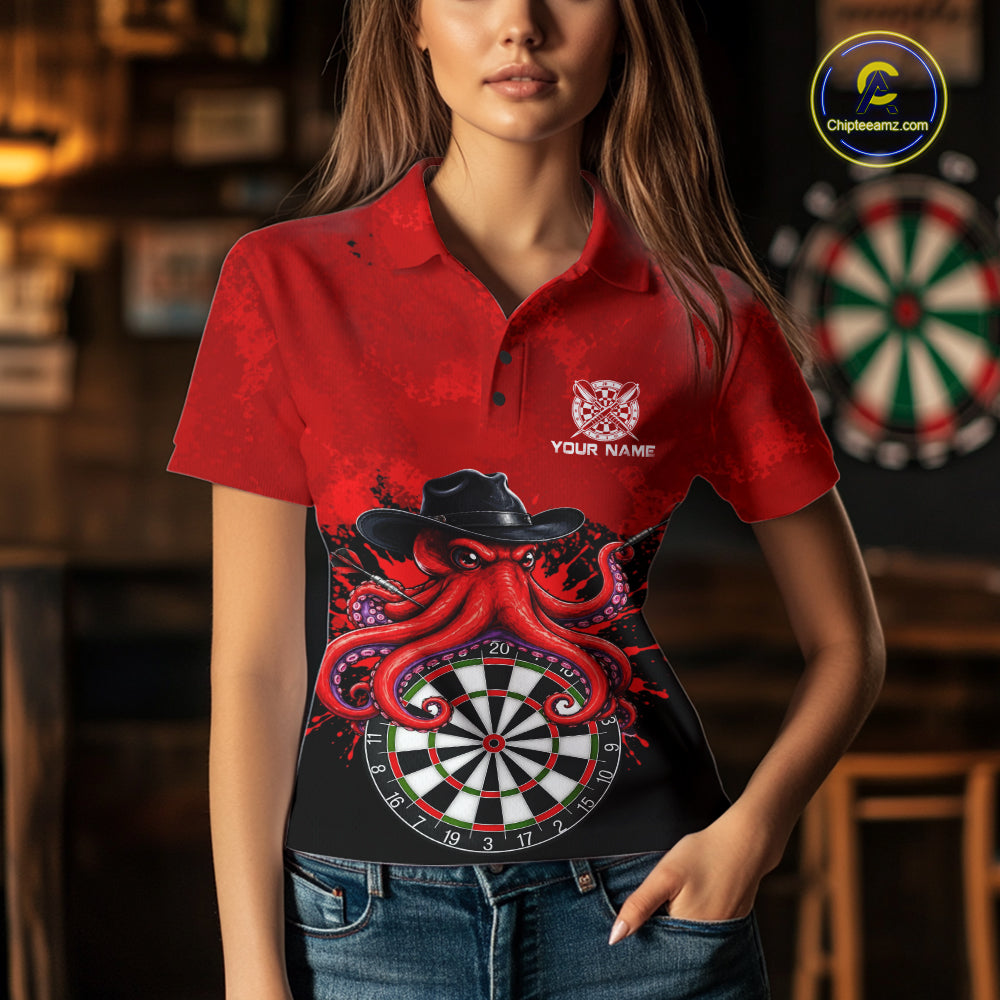 Funny Octopus Darts Shirt For Women Custom Red Splatter Octopus Darts Team Jersey Darts Tournament Shirt NYN4702