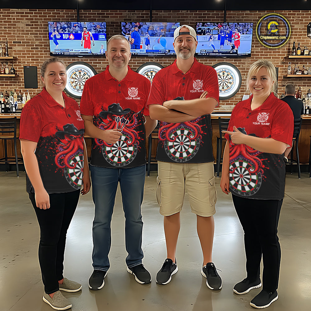 Funny Octopus Darts Shirt For Men Custom Red Splatter Octopus Darts Team Jersey Darts Tournament Shirt NYN4702