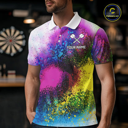 Colorful Splatter Dart Polo 1/4-Zip Shirt For Men Personalized Splash Dartboard Team Name Jersey Darts Player Gift NYN4705