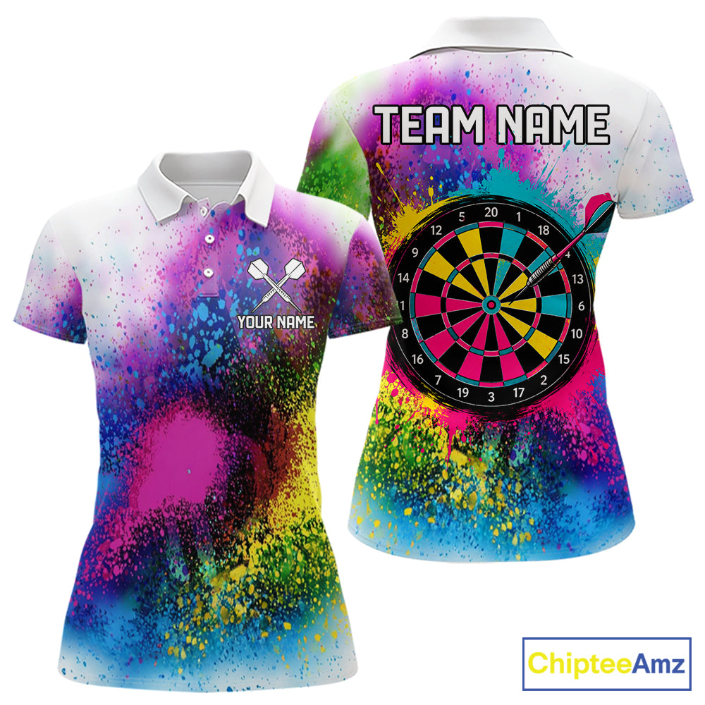 Colorful Splatter Dart Polo 1/4-Zip Shirt For Women Personalized Splash Dartboard Team Name Jersey Darts Player Gift NYN4705
