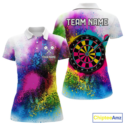 Colorful Splatter Dart Polo 1/4-Zip Shirt For Women Personalized Splash Dartboard Team Name Jersey Darts Player Gift NYN4705