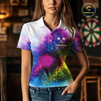 Colorful Splatter Dart Polo 1/4-Zip Shirt For Women Personalized Splash Dartboard Team Name Jersey Darts Player Gift NYN4705
