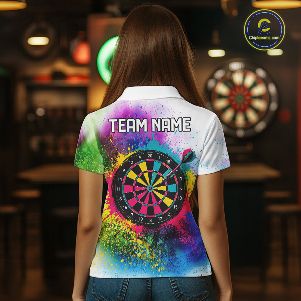 Colorful Splatter Dart Polo 1/4-Zip Shirt For Women Personalized Splash Dartboard Team Name Jersey Darts Player Gift NYN4705