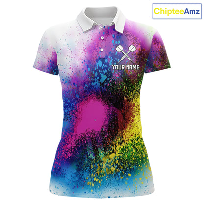 Colorful Splatter Dart Polo 1/4-Zip Shirt For Women Personalized Splash Dartboard Team Name Jersey Darts Player Gift NYN4705