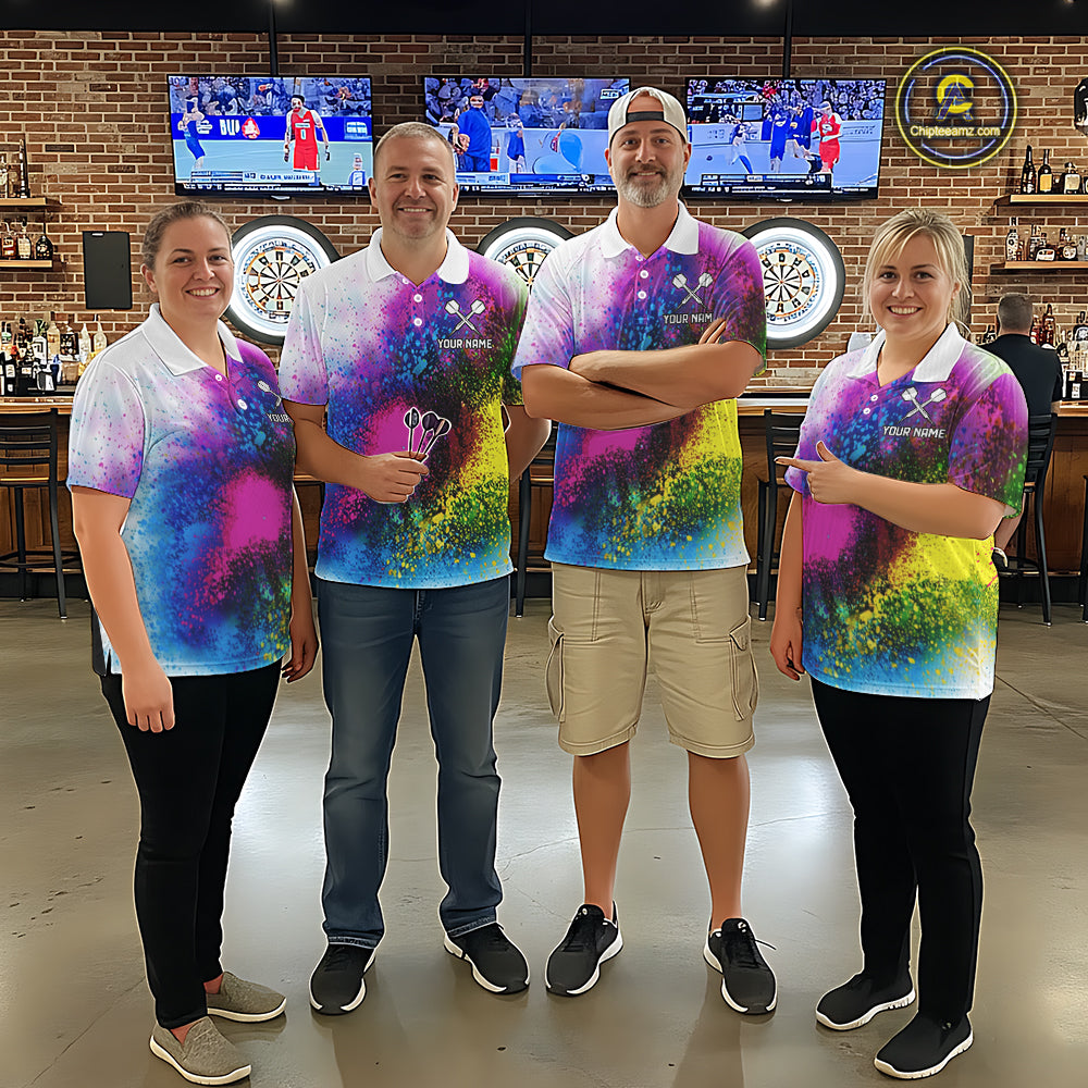Colorful Splatter Dart Polo 1/4-Zip Shirt For Men Personalized Splash Dartboard Team Name Jersey Darts Player Gift NYN4705